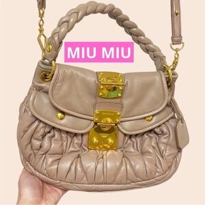 Miu Miu Beige Leather Shoulder Bag with Gold Accents